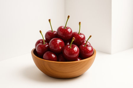 Fresh cherries with water drops in a smooth wooden bowl centered near the meeting of two white walls studio fruit decor sceneの素材
