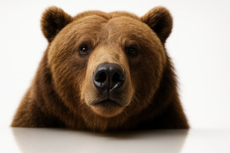Grizzly bear extreme close up on white isolated nose and whiskers dominant sharp eyes macro wildlife studio portraitの素材