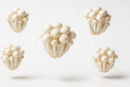 Raw white shimeji mushrooms multiple small clusters captured mid air on pure white isolated high speed freeze motionの素材
