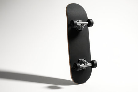 Black skateboard balanced upright on tail to showcase concave and profile isolated on pure white studio productの素材