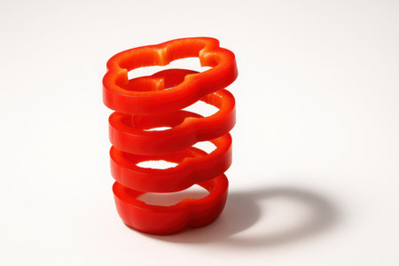 Red bell pepper slices stacked vertically into a balanced column one slice slightly offset to imply motion isolated on pure whiteの素材