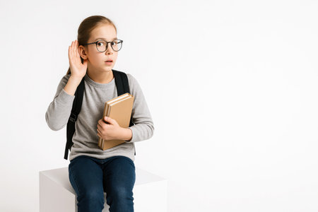 Curious young schoolgirl seated on matte white cube glasses modest backpack books under one arm left hand cupped to ear eyes rightの素材