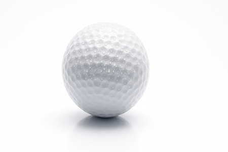 Blank unbranded golf ball with fine dew droplets suggesting morning freshness macro texture studio isolated on whiteの素材