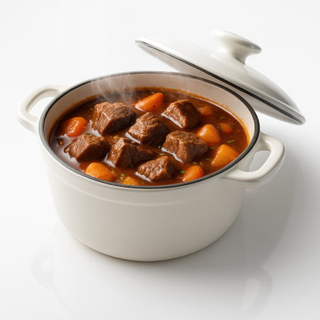 Hearty beef stew in a white enamel pot with lid slightly ajar releasing gentle steam comfort food studio isolated on whiteの素材