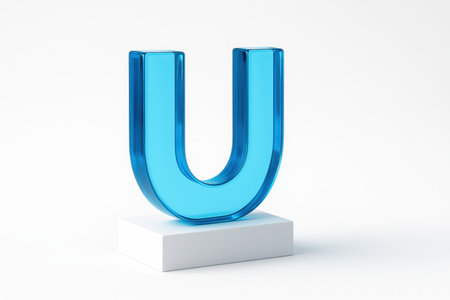 Blue transparent glass letter U standing upright on a matte white acrylic block isolated on pure whiteの素材