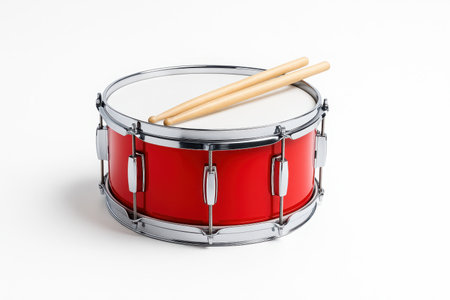 Bright marching snare drum in vivid red and white with natural wood sticks crossed on the head studio on whiteの素材