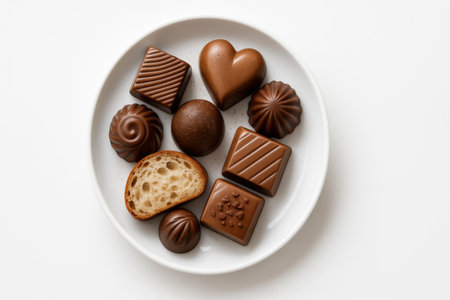 Assorted chocolate pralines in a matte white porcelain dish varied shapes and textures isolated on pure white studio productの素材