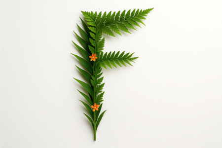 Capital letter f crafted with tropical green leaves fern fronds and palm tips with tiny orange blossoms for contrastの素材
