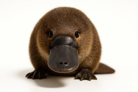 Platypus head and shoulders facing forward studio wildlife portrait on pure whiteの素材