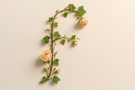 Capital letter f formed by a winding vine with tiny buds and leaves intertwined with small garden rosesの素材