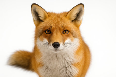 Red fox head and shoulders facing camera bright eye catchlight thick winter coat studio wildlife portrait on whiteの素材