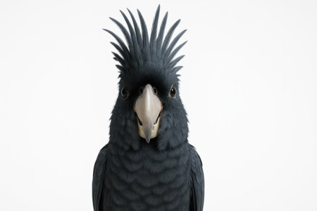 Great billed black cockatoo close portrait facing camera crest fully raised studio on whiteの素材