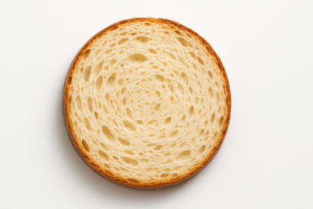 Round country loaf full cross section disc top down with concentric crumb structure on whiteの素材