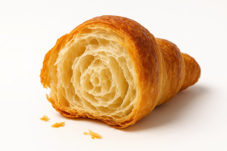Fluffy croissant torn open close up revealing airy crumb and delicate flakes studio on whiteの素材