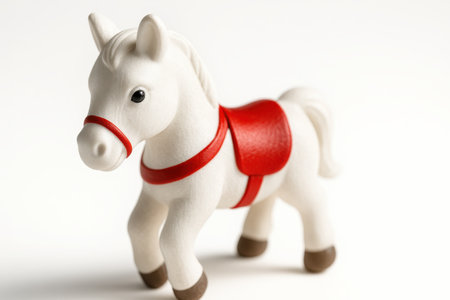 White Christmas toy horse head and torso close view showing red saddle and strap detail studio on whiteの素材