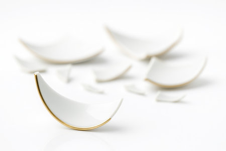 Curved shard from white glass plate close view showing thin gold trim with fragments softly blurred behindの素材