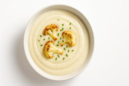 Creamy cauliflower soup in a matte white bowl with roasted florets and chive garnish cozy food studio isolatedの素材