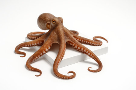Common octopus full body with tentacles gently splayed on a matte white acrylic block studio isolated on whiteの素材