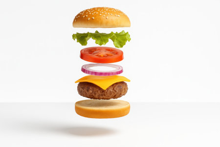 Deconstructed fresh burger with bun patty cheese tomato lettuce and onion levitating clean vertical stack on whiteの素材