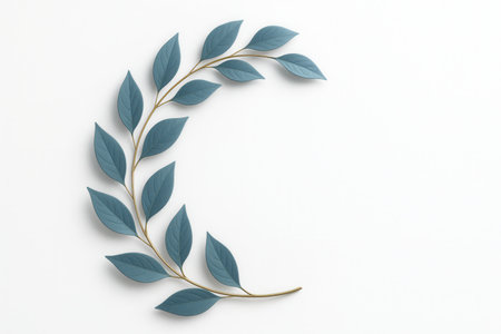 Asymmetrical wreath border of blue leaves with brushed gold stems sweeping from top left to bottom right elegant frame on whiteの素材