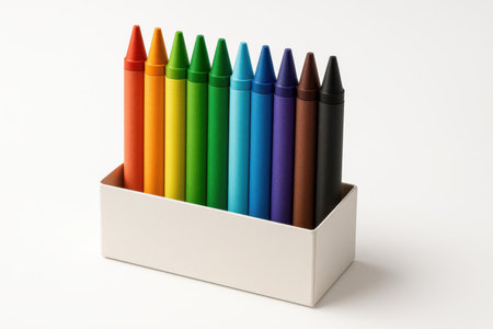 Box of colorful crayons standing upright with sharpened tips facing the camera three quarter view isolated on whiteの素材