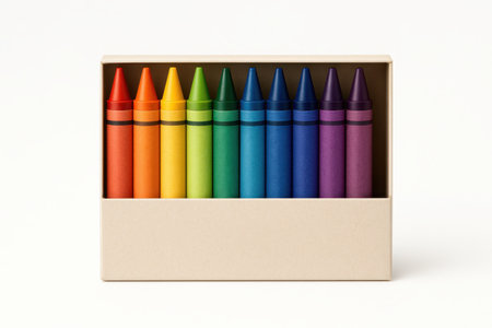 Box of colorful crayons with a drawer style tray pulled halfway out to reveal the colors isolated on pure whiteの素材