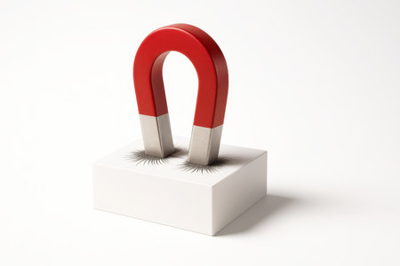 Classic red horseshoe magnet with brushed metal poles standing upright on a matte white acrylic blockの素材