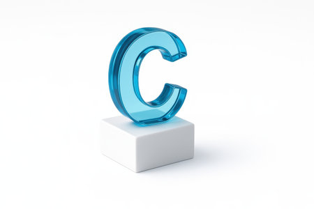 Blue transparent glass letter C standing upright on a matte white acrylic block isolated on pure whiteの素材