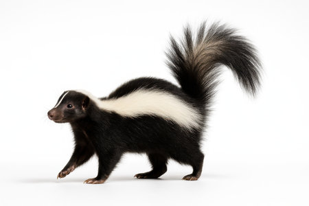 Skunk full body side profile mid step with tail arched like a fan wildlife studio isolated on whiteの素材