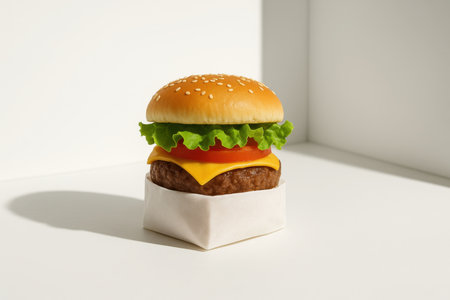 Fresh burger with lower half wrapped in white parchment clean folded seam placed near a corner minimal food on whiteの素材