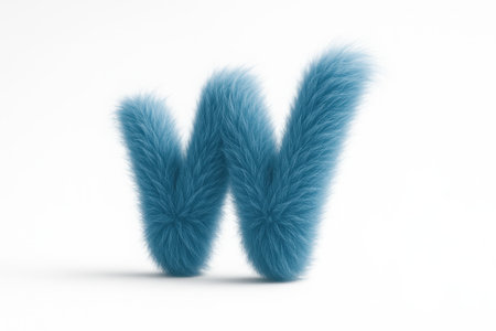Fluffy blue fur letter W leaning right with subtle wind lifting strands dynamic playful type element on whiteの素材