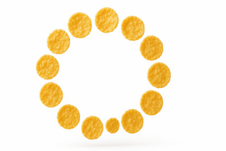 Golden cornflakes arranged in a floating ring with an open center as if orbiting cereal studio on whiteの素材
