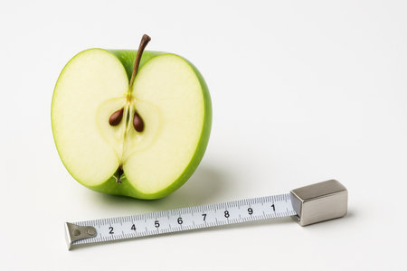 Half green apple with seeds visible beside a partially extended metal tape measure showing centimetersの素材