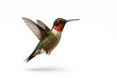 Hovering hummingbird full body side profile with iridescent gorget catching light studio isolated on whiteの素材