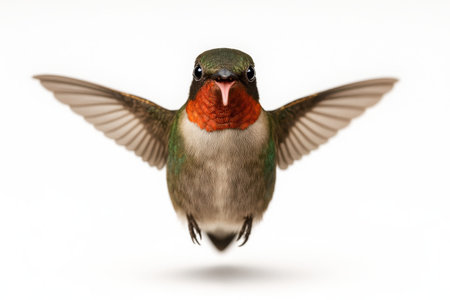 Hummingbird three quarter angle facing camera with beak slightly open and tongue visible studio on whiteの素材