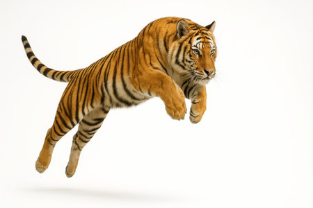 Large tiger light leap with front paws tucked and back legs extended as if pouncing dynamic wildlife studio on whiteの素材