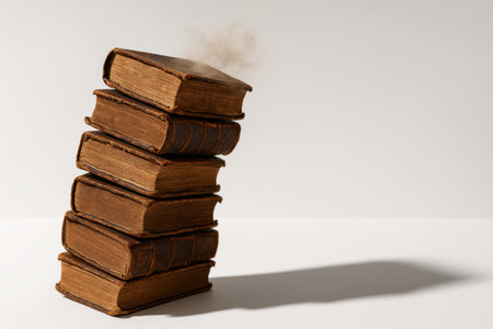 Leaning tower of weathered vintage books with dust puff on white great for library reading education literature and heritage conceptsの素材