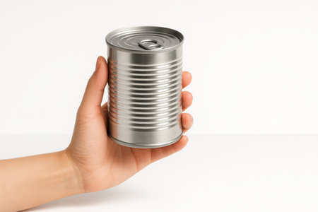 Neutral hand holding a plain aluminium can upright three quarter angle clean packshot for beverage mockup and product designの素材