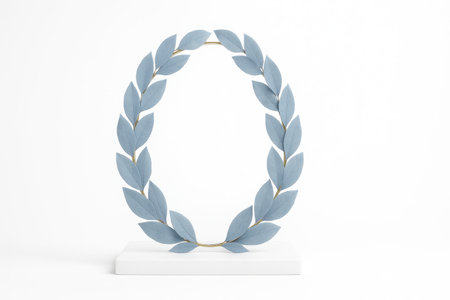 Oval wreath border of soft blue preserved leaves with thin gold twigs elegant botanical frame on white for invitations and packagingの素材