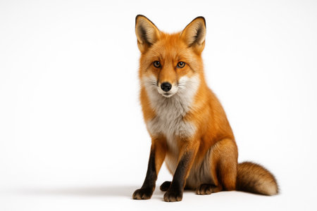 Red fox seated three quarter angle with ears forward and head slightly tilted calm wildlife studio on whiteの素材