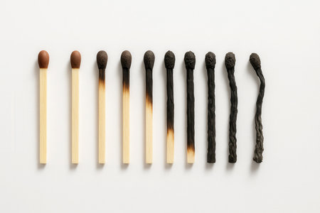 Burnt wooden matches arranged from intact to fully charred in a straight line top down flat lay clean sequence on whiteの素材