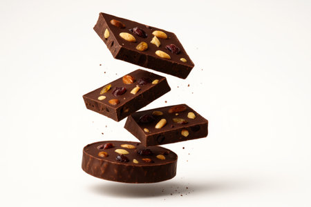 Stacked chocolate bark shards with mixed nuts and fruit captured in gentle mid air levitation delicious confection studio on whiteの素材