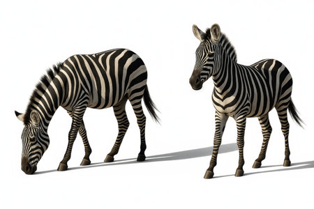 Two zebras in side profile at staggered depth one grazing and one alert elegant wildlife composition on whiteの素材