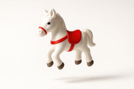 White Christmas toy horse with red saddle captured in gentle mid air levitation above a faint shadow ellipse clean on whiteの素材