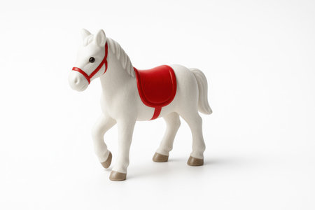 White Christmas toy horse figurine with bright red saddle and simple bridle clean product studio isolated on whiteの素材