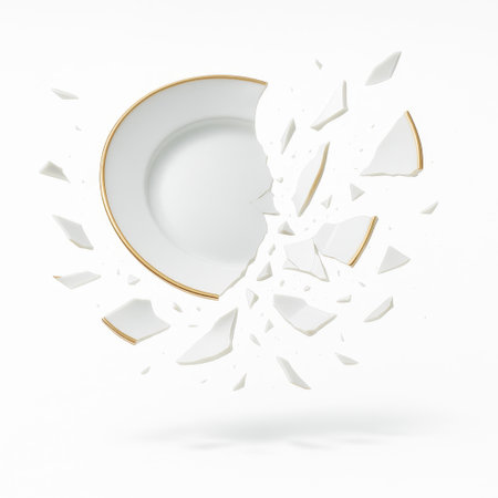 White glass plate with delicate gold border captured mid shatter fragments suspended in air dramatic tableware studio on whiteの素材