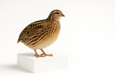 Wild common quail full body side profile standing alert on a matte white acrylic block clean wildlife studio isolated on whiteの素材