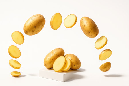Whole potatoes and thin round cuts captured in gentle mid air forming a light arc above the surface fresh produce studio on whiteの素材