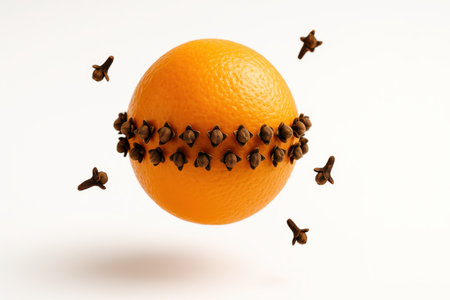 Tangerine pomander captured mid air with loose cloves swirling clean festive scent visual for holiday craft and seasonal designの素材