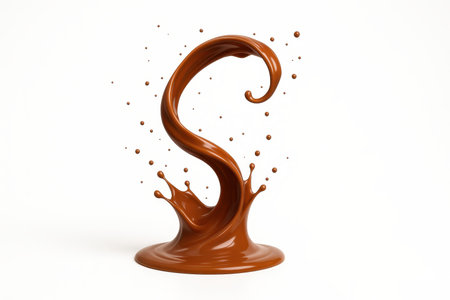 Molten milk chocolate ribbon spiraling into a lively burst with droplets on white rich fluid motion perfect for dessert branding and confection designの素材